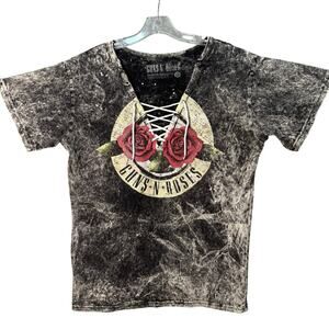 Guns n' Roses Front Lace-Up Graphic T-Shirt Women L Distressed Black Beige Red